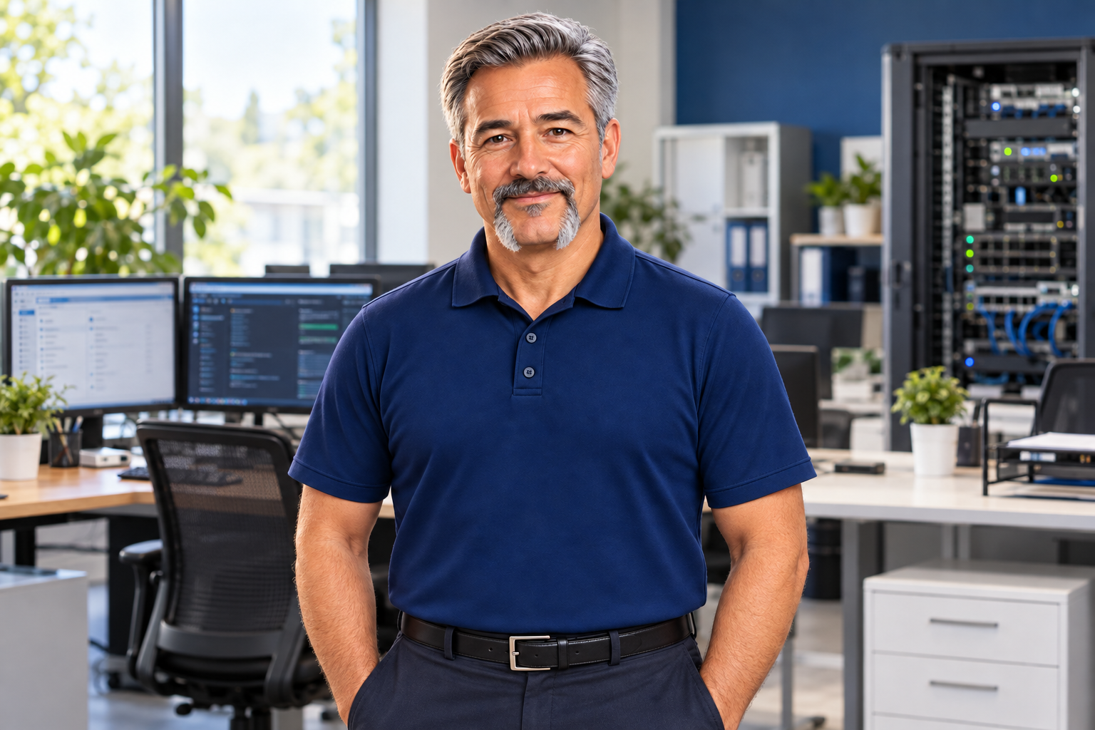 Scène illustrative d'un professionnel des TI dans un bureau de soutien informatique